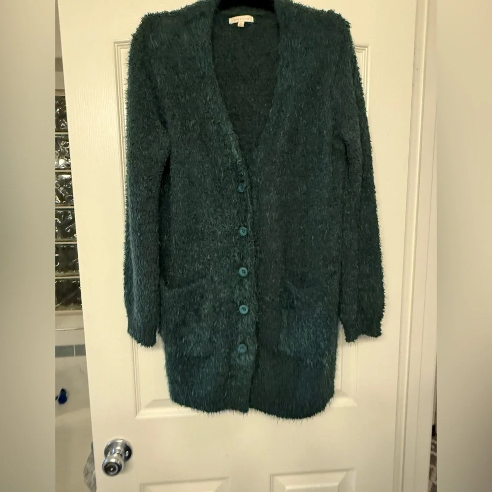 Skies Are Blue Cozy Dark Green Button-Up 3/4 Length Long Cardigan